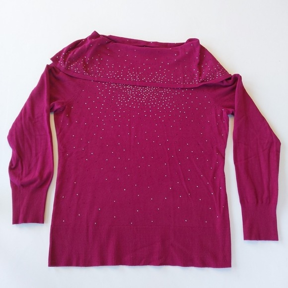 Vintage Roz & Ali Long Sleeve Fushia Sweater with Studs Rhinestone Cowl Neck XL - Picture 1 of 7